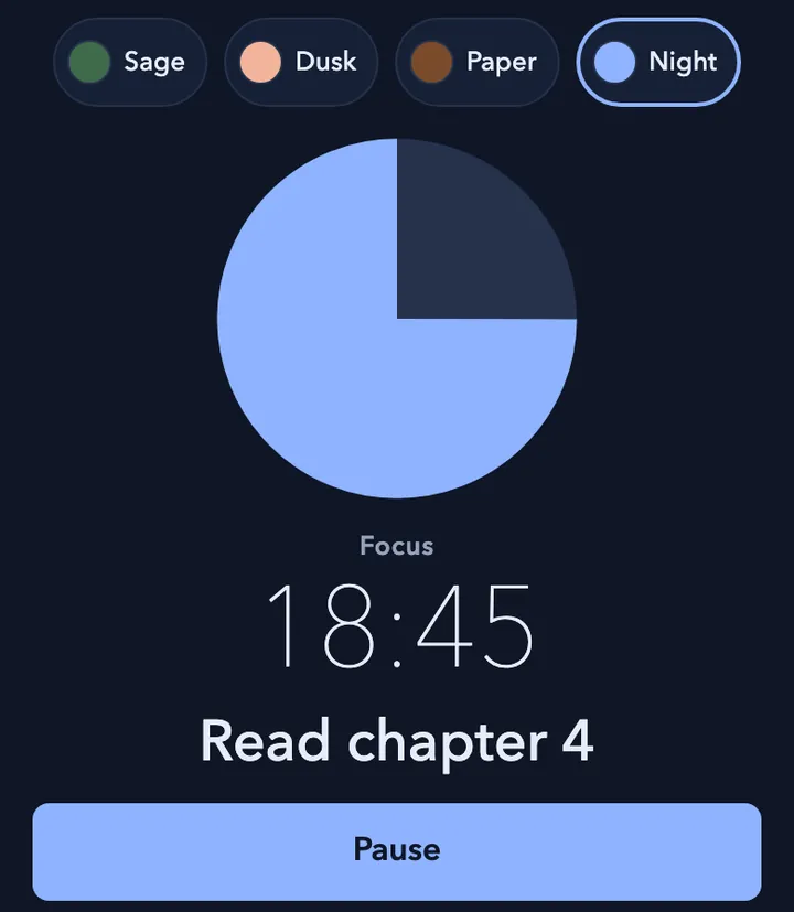 The aesthetic pomodoro timer in the Night theme, running with a task on screen