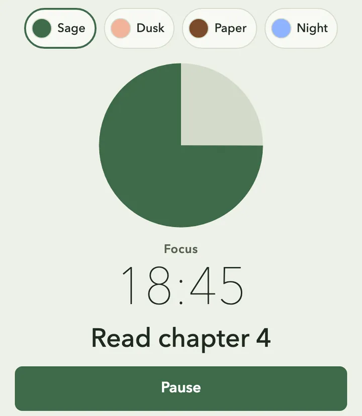 The aesthetic pomodoro timer in the Sage theme, running with a task on screen